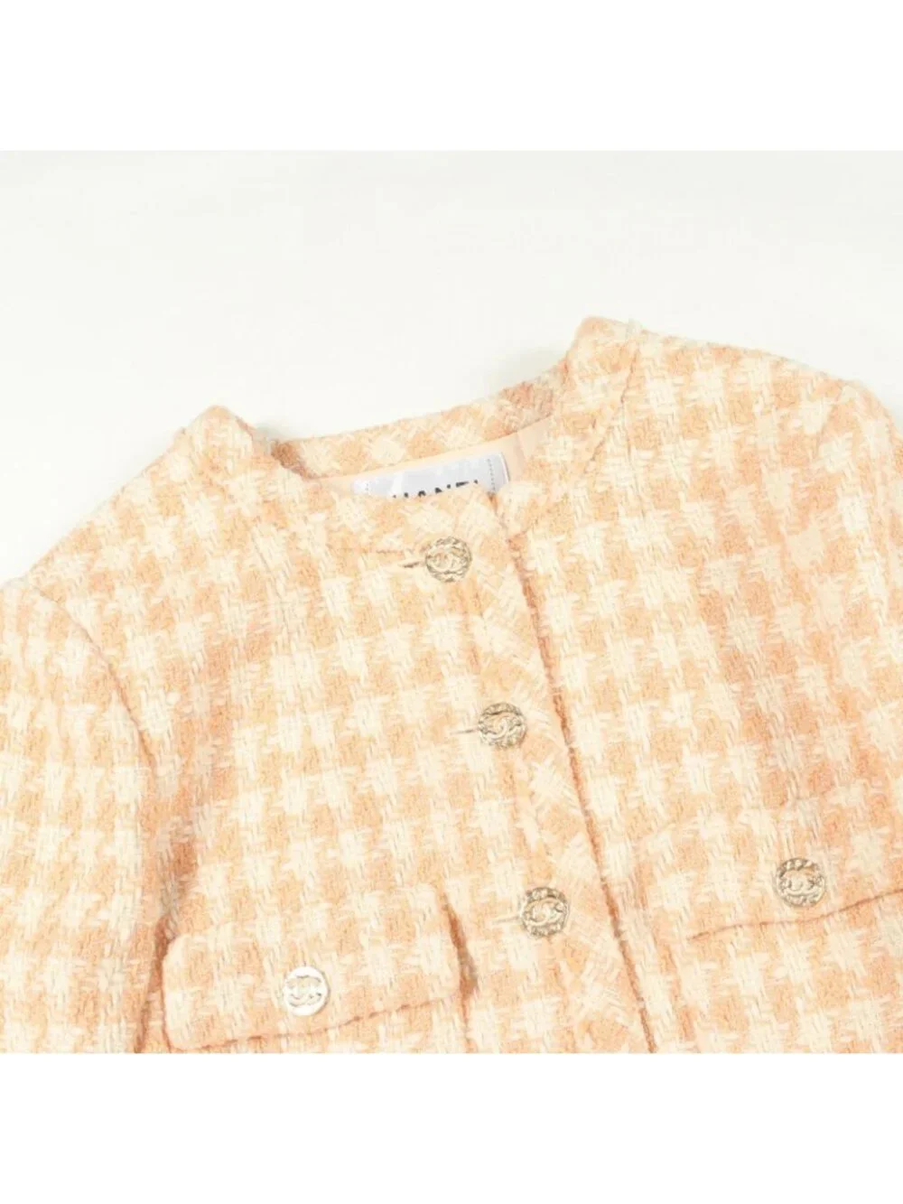 Chanel Collarless Jacket CC Logo Button Houndstooth Tweed Orange Cotton